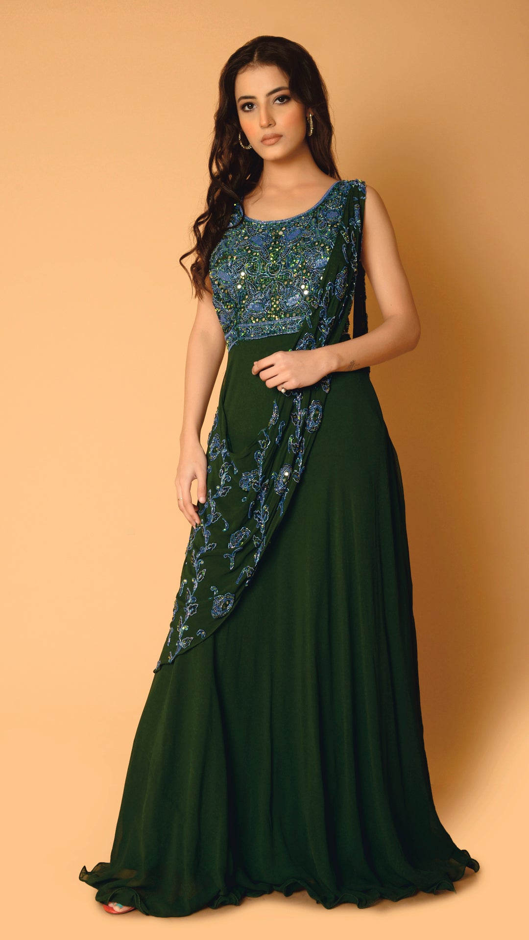 Bottle Green Georgette Cutdana Embroidered Draped Gown Saree Design by  Baidehi at Pernia's Pop Up Shop 2024